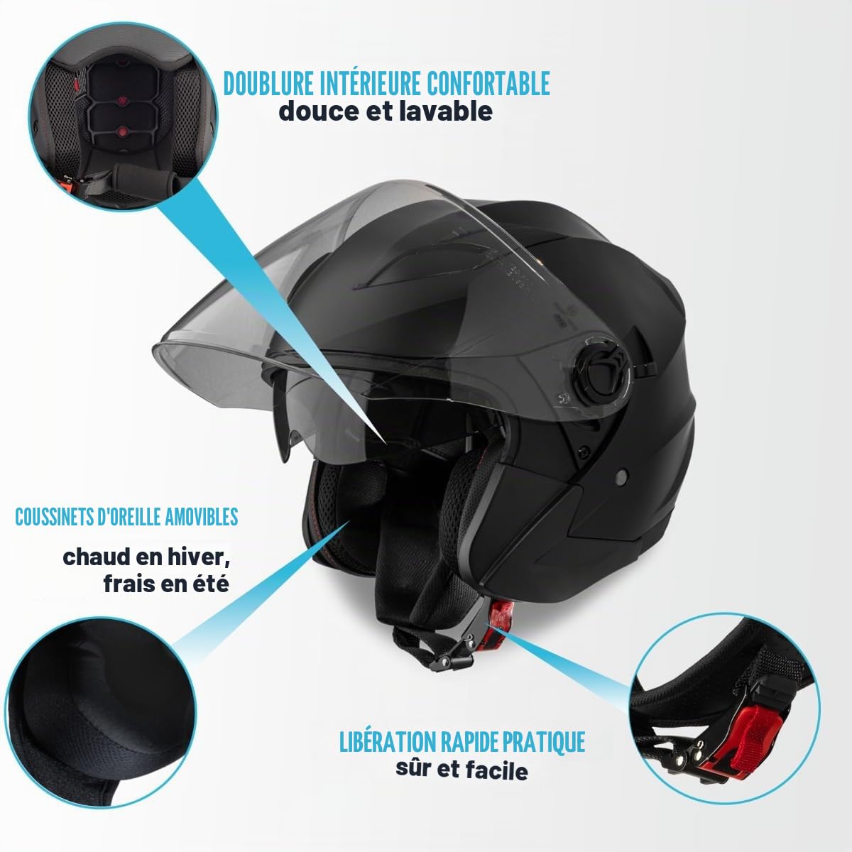 VINZ Calobra Casque Jet avec Visière Solaire et Visière | Casque de Scooter Moto | Certifié ECE 22.06 | Tailles XS-XXL