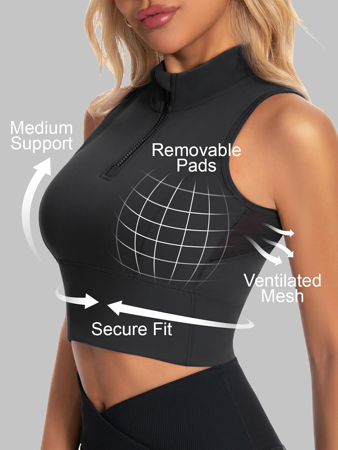 AARYA Cropped Workout Tank Tops for Women Built in Bra Half Zip High Neck Sports Bras Medium Support Sleeveless Athletic Top - Image 3