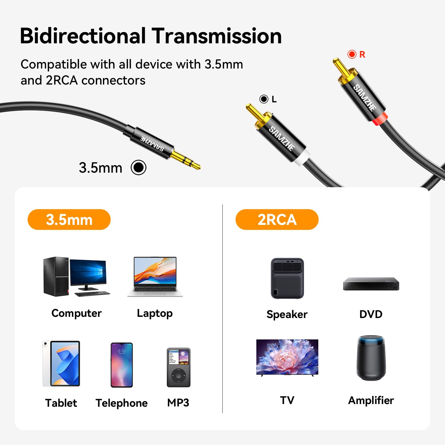 SAMZHE Cable RCA de 3,5 mm a RCA, adaptador de audio RCA macho a auxiliar, adaptador de audio de alta fidelidad, carcasa de metal, divisor en Y, cable auxiliar 1/8 conector para smartphones, altavoces