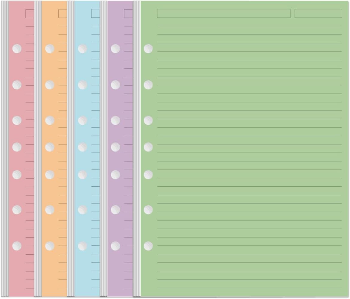 Mini Binder 5 Colorful Line Paper for 3 or 7 Ring Binders - 100 Sheets/200 Pages Loose Leaf Paper Line Refills, Per Color 20 Sheets, Desk Size 4, 5.8" x 8.5"