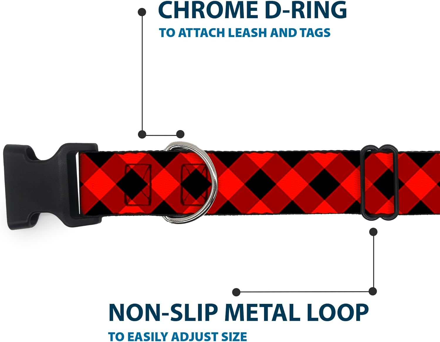 Dog Collar Plastic Clip Diagonal Buffalo Plaid Black Red 18 to 32 Inches 1.5 Inch Wide, Multicolor, Large