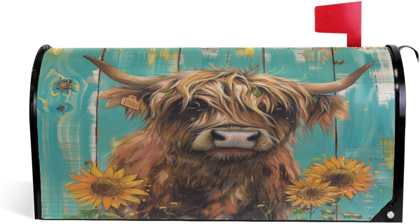 ALAZA Highland Cow Sunflowers on Teal Wooden Magnetic Mailbox Cover MailWraps Garden Yard Home Decor for Outside Standard Size-18"x 20.8"