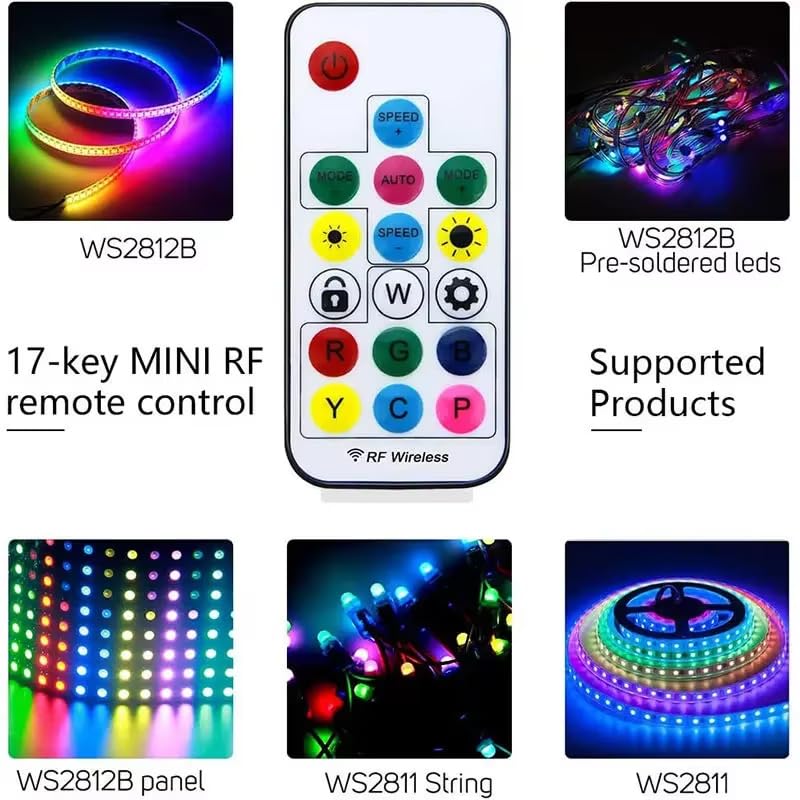 Image of Auslese RGB Pixel LED Controller WS2811 WS2812B 3 Pin Addressable Strip Lights 17 Key RF Remote Wireless Room Lighting Effects Home Decor
