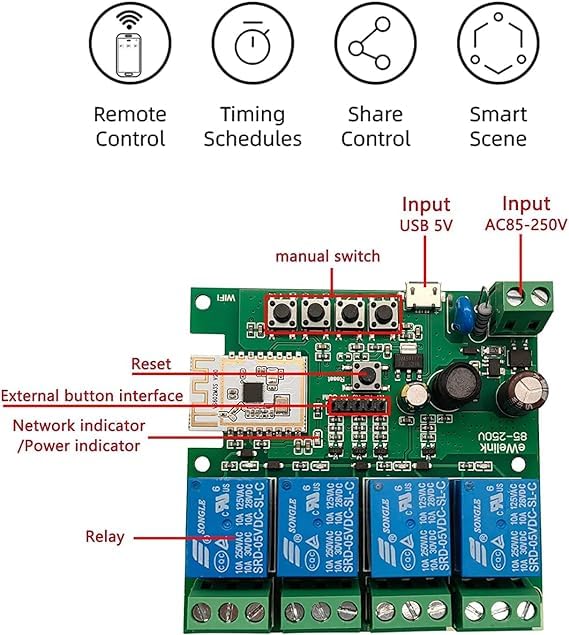 Generic Easy Operation,Ewelink WiFi Wireless Switch Module Remote Control,DIY Smart Home Bluetooth Relay,Compatible with Alexa Google Home (Ewelink, 4 Channel USB 5V AC 85-250V), SHQY052