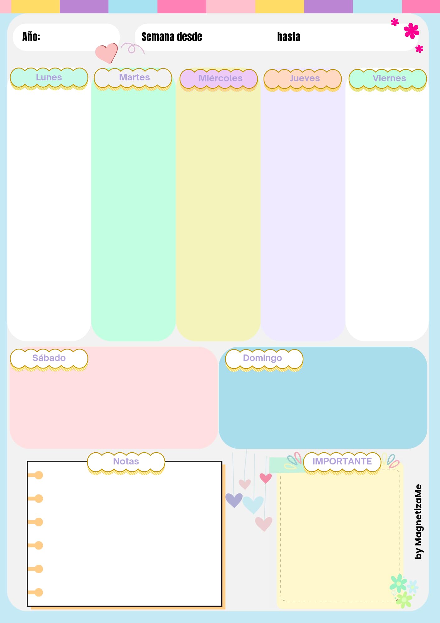 Planificador Semanal Magnético A4 para Nevera – Planner Borrable y Reutilizable + 2 Rotuladores – Organización Familiar, Menús, Estudios – Diseño Cute Pastel – MagnetizaMe