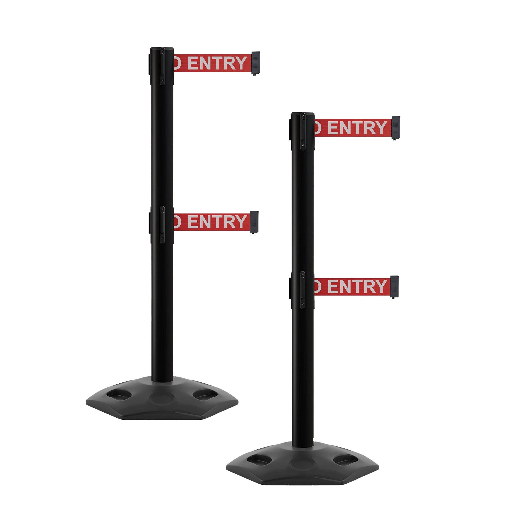 CCW Series WBB-200D - Set of 2 Retractable Dual Belt Barrier Stanchion, Heavy Duty Rubber Base, Black Post (11 Foot Belt, Red with