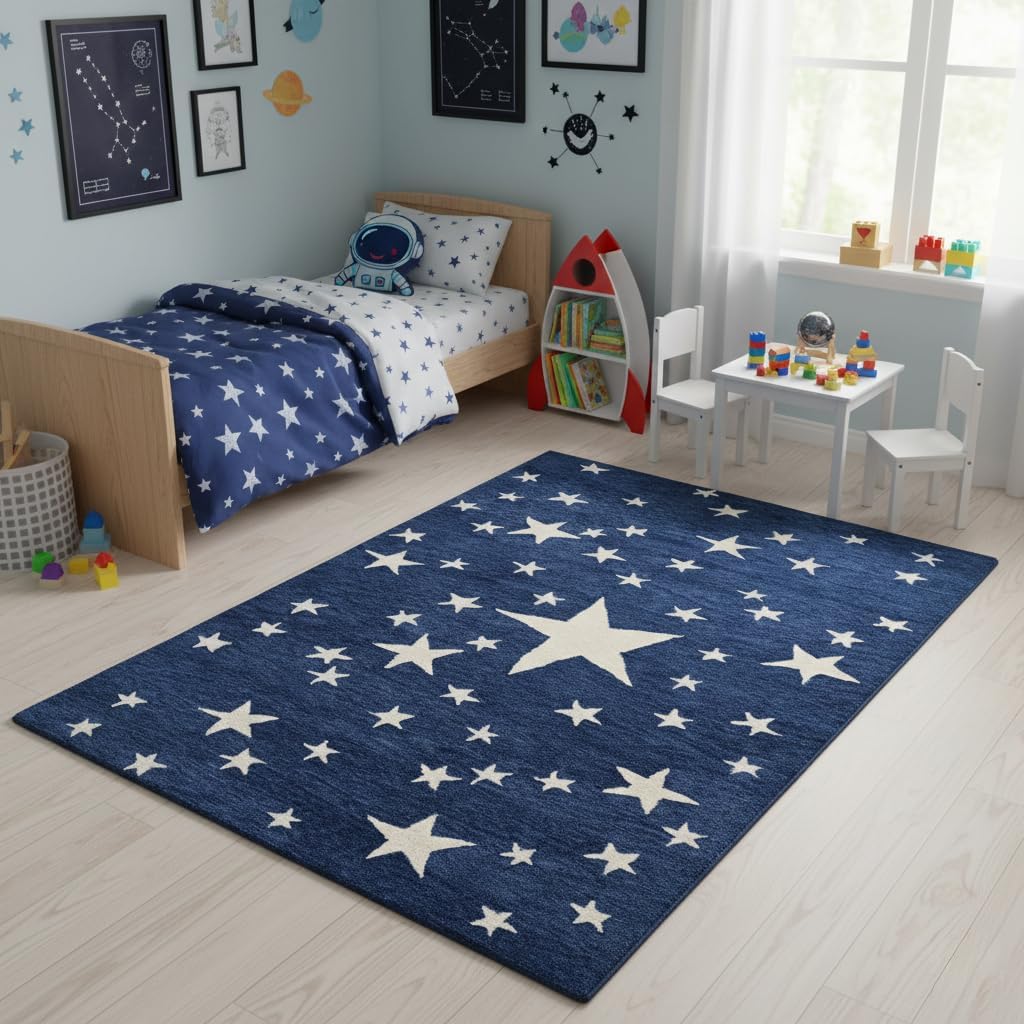 Hand-Tufted Star Wool Area Rug for Kids | Starry Night Design, Soft and Durable and Thick Carpet | Perfect for Living Room, Kids Room, Bedroom & Kitchen (Navy Blue, 3' x 5')