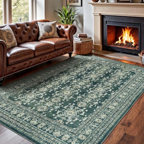 Lessymo 5x7 Area Rugs for Living Room, Machine Washable Non Slip Rug, Soft Low Pile Carpet for Bedroom Dining Home Office, Vintage Dark Green Distressed Floral Floor Mat