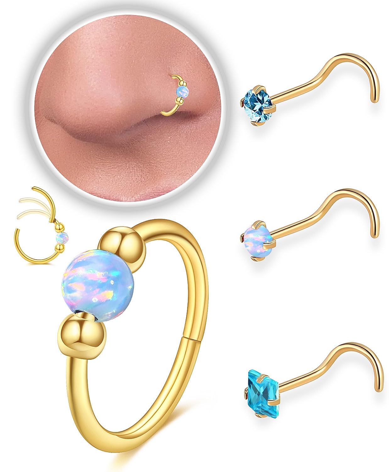 14K Gold Filled Hypoallergenic Surgical Steel Nose Ring Set for Women Men,Blue Opal Septum Hoop Corkscrew Nose Studs Small Hoops Cartilage Earrings for Helix, Rook,2nd or 3rd lobe