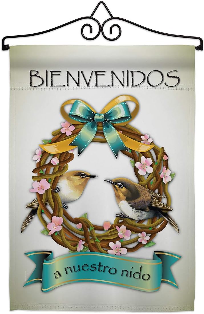 Bienvenidos a Nuestro Nido Burlap Garden Flag Animals Bird Flamingo Hummingbird Cardinal Peacock Springtime Natural Wildlife Small Decorative Gift Yard House Banner Double-Sided Made In USA 13 X 18.5