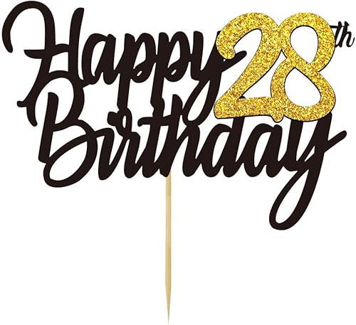 Decoración para tarta de cumpleaños de 28 años con purpurina para 28 años, decoraciones doradas para tartas de cumpleaños de 28 años, suministros de