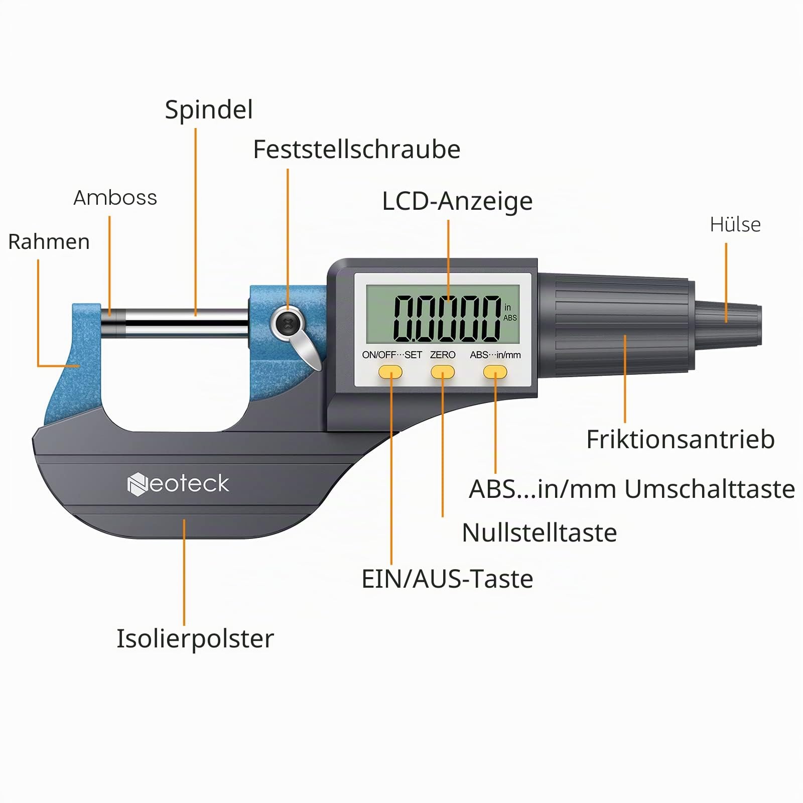 Neoteck Digitaler Mikrometer Mikromessschieber Bügelmessschraube elektronisch 0-25 mm mit LCD-Display Micrometer 0,001 mm / 0,00005 "