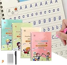 PUJI Large Magic Practice Copybook for Kids,Handwriting Practice Book 4 Pack with Pen Refill English Cursive Calligraphy Reusable Age 3-12(MATHS+DRAWING+ALPHABET+NUMBER)