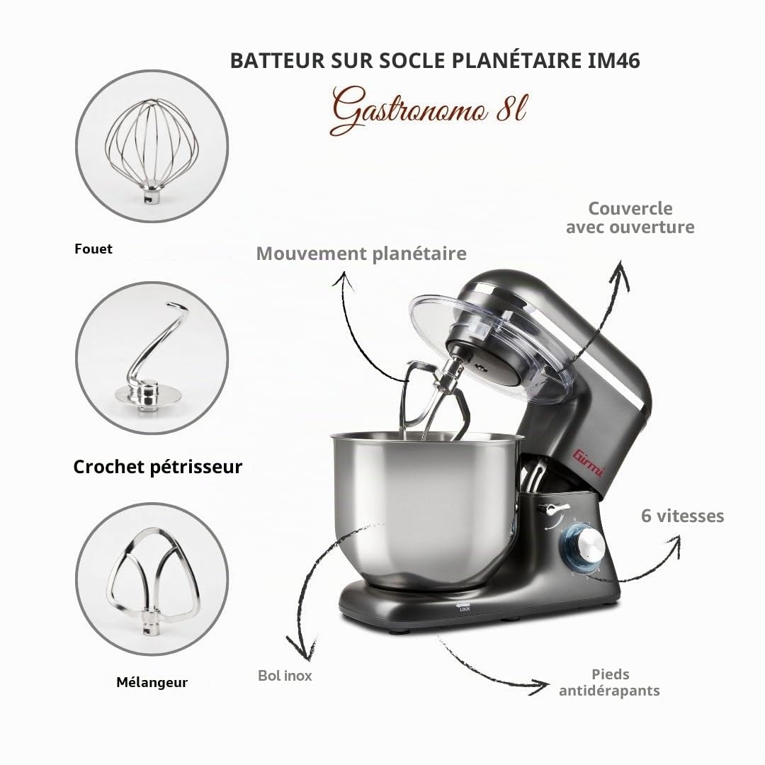 Girmi IM46 Robot pâtissier 1400 W, bol inox 8 L, gris anthracite