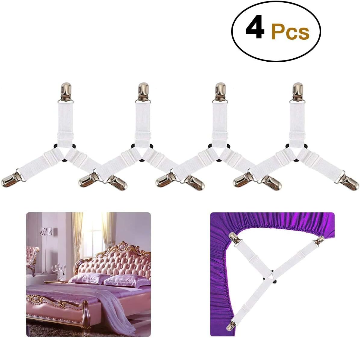 Bed Sheet Holder Straps, Adjustable Elastic Bed Sheet Fasteners and 3 Way Mattress Cover Holder Fasteners ,The Triangle Sheet Clips Keeping Sheets Place for Bed and not Wrinkled,White (4 PCS)