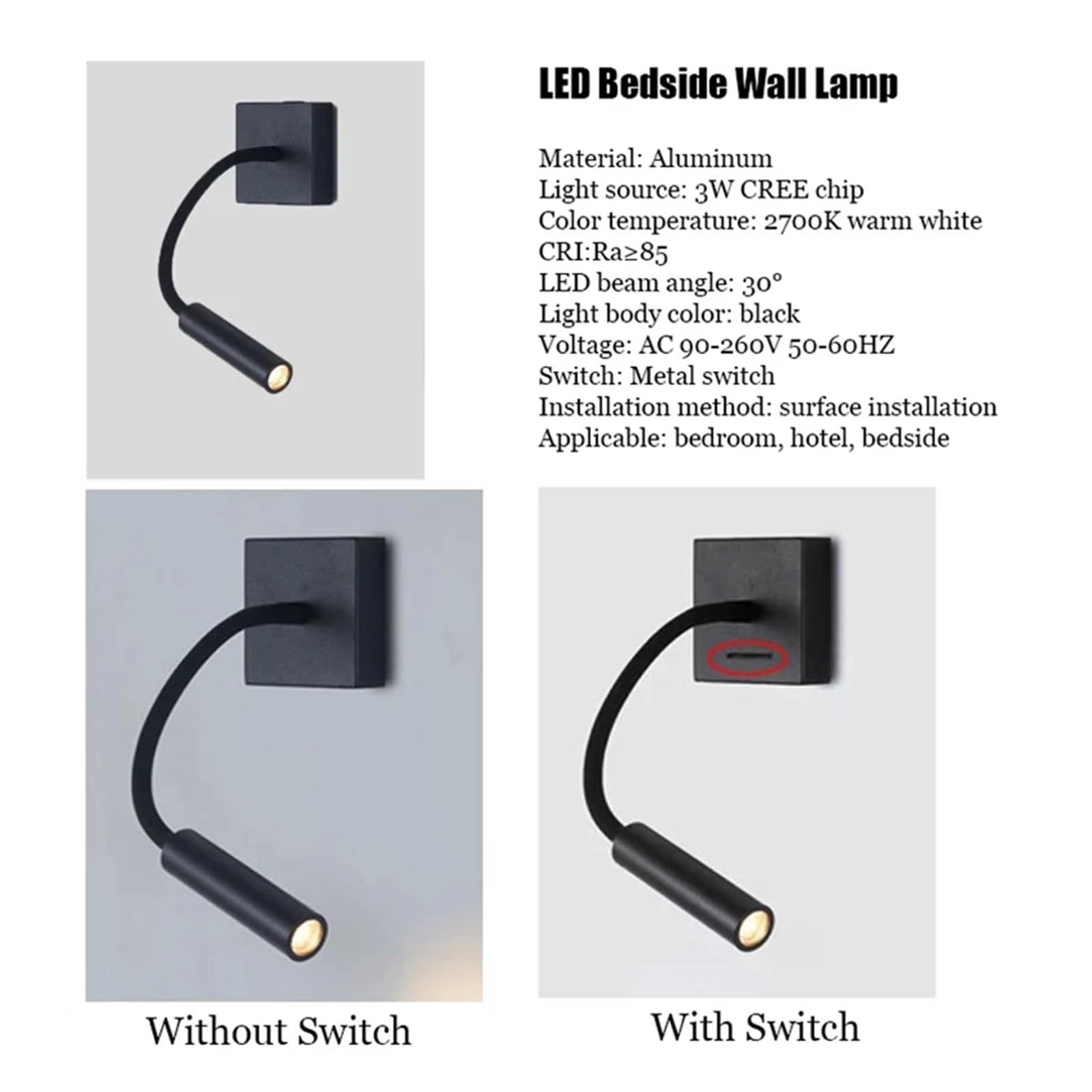 3W LED Elastyczna lampa ścienna do czytania z przełącznikiem Regulowana gęsia szyja Montaż na ścianie Gabinet Sypialnia Lampki nocne Pełne pokrycie(BLACK 3W_WITHOUT SWITCH)