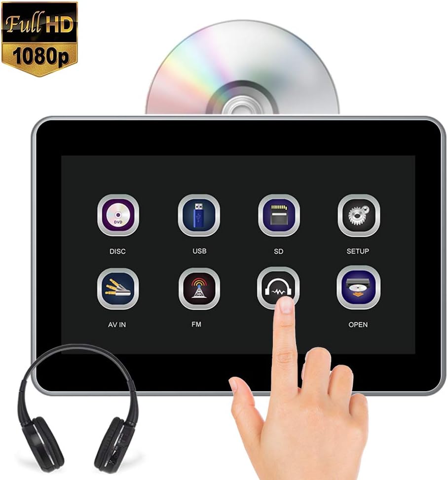 AUTOWINGS 10.1'' Car Headrest DVD Player Touch Screen Video with IR Headphone, Support 1080P Video, Region Free, Sync Screen, USB SD FM Transmitter Wireless Game