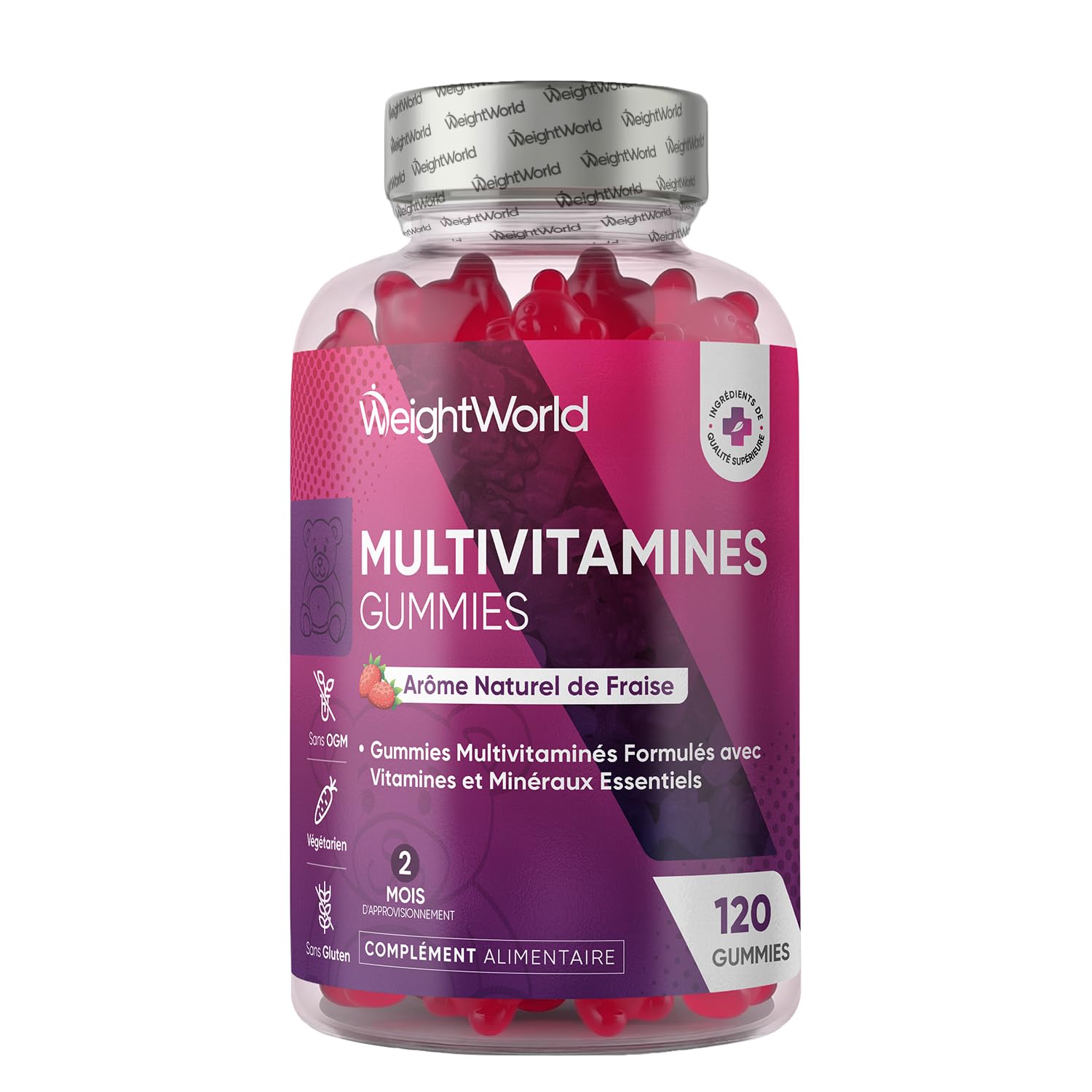 Gummies Multivitamines et Minéraux 120 Gummies 2 Mois de Stock, 13 Vitamines et Minéraux Essentiels, Vitamine C, Zinc, Vitamine B12, D3, E, Iode, A, B, Biotine, Arôme Naturel de Fraise - sans OGM