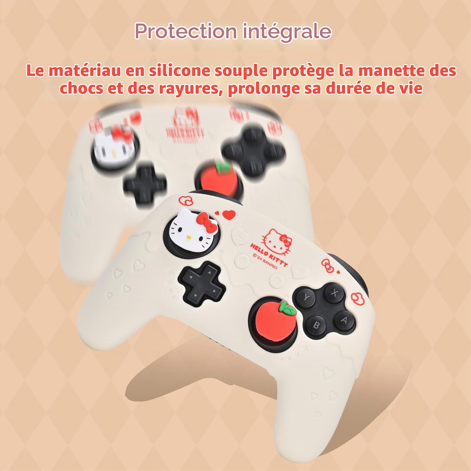 Kuitmor Lot de coques de protection en silicone souple et antidérapant pour manette Switch Pro avec 2 capuchons de pouce et 1 autocollant (beige Hello Kitty)