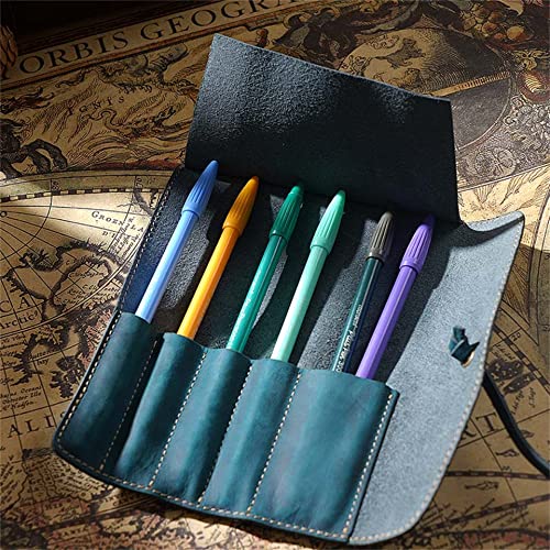 Image of Vintage Genuine Leather Pencil Roll - Pencil Storage Case /Pouch Organizer Handmade (Blue)