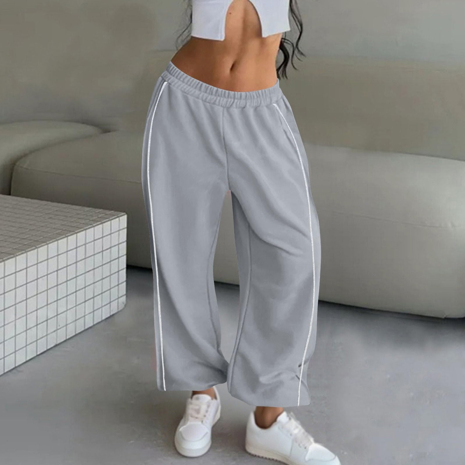 Générique Pantalons Fluide Tendance Femme Mi-Saison Ample Coupe Droit Pantalon Taille Haute Élastique Couleur Unie Urbain Street Décontracté Chic Pants Vêtements Loisir