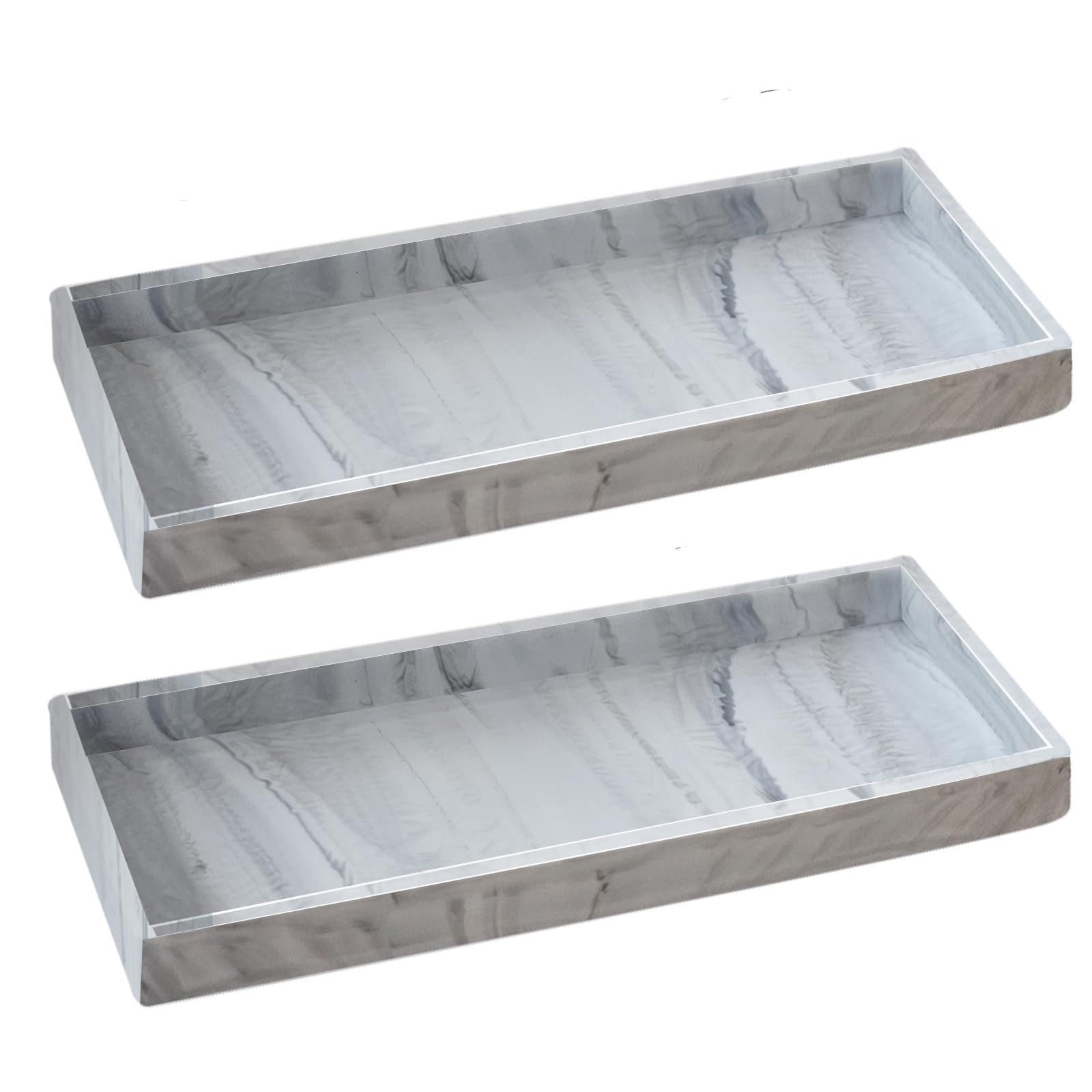 2PCS 11.8” L x 5” W Silicone Soap Dispenser Tray, Bathroom Sink Vanity Trays for Dresser Tops, Toilet, Small Tray for Scrubber, Lotion Bottles, Perfume, Jewelry, Candle, Key Trinket Ring-White Marble