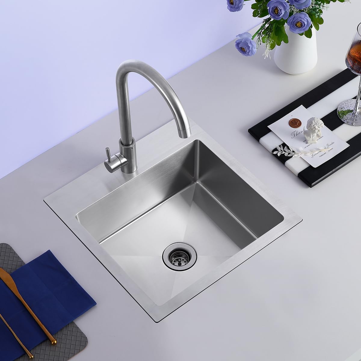 15 x 15 inch Kitchen Sink with 2" Drain Hole, 304 Stainless Steel Handmade Drop-in Bar Sink, RV Camper Kitchen Sink, Brushed