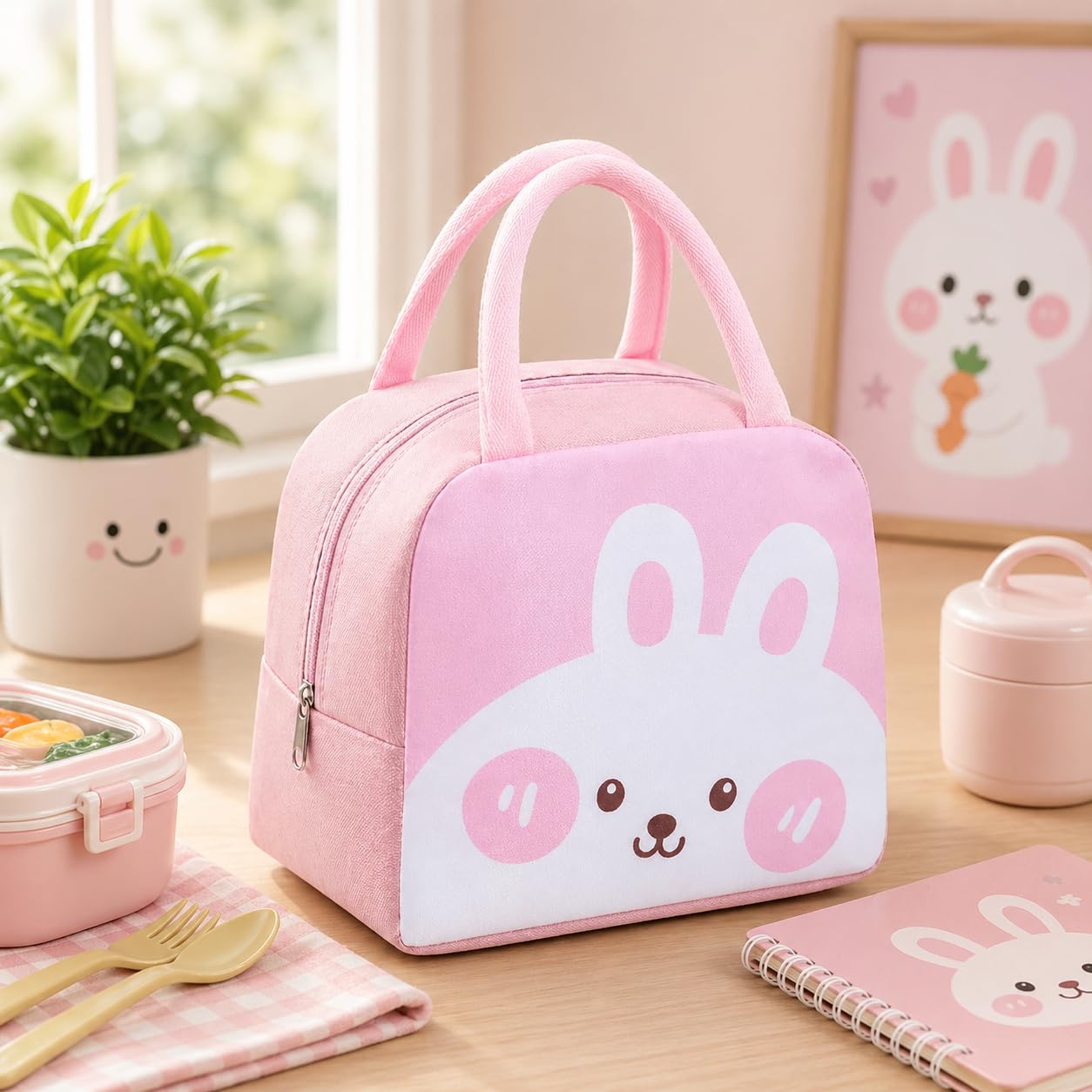 RAYCRAFT Simple Style Peach Rabbit Design Insulated Lunch Bag for Keep Meals Fresh Cute & Perfect for School or Office