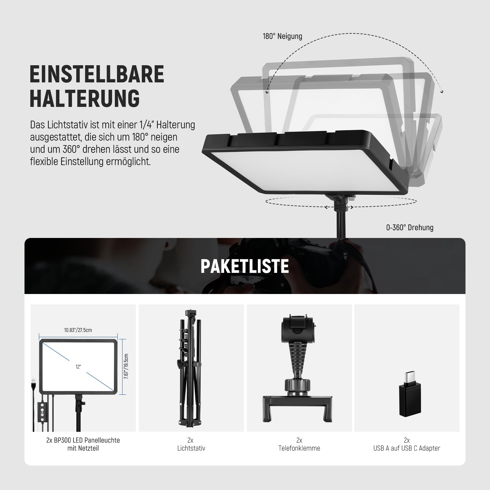 NEEWER Basics 2 Pack LED Video Light Panel mit 59''/150cm Stativständer & Telefonhalter, 2700 6500K 850Lux Bi Color Dimmbare Studiobeleuchtung für Fotografie Filmen Aufnahme Live Streaming, BP300