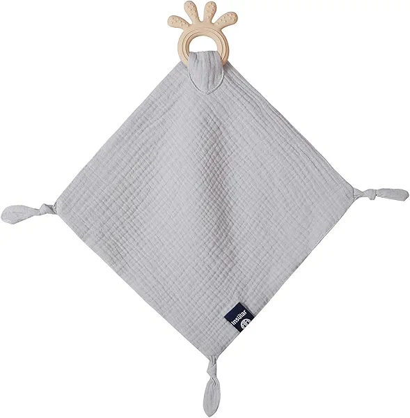 AmazingM Baby Muslin Security Blanket with Food Grade Silionce Teether,Soothe Teething Toy for Boys and Girls,100% Polyester (Grey)