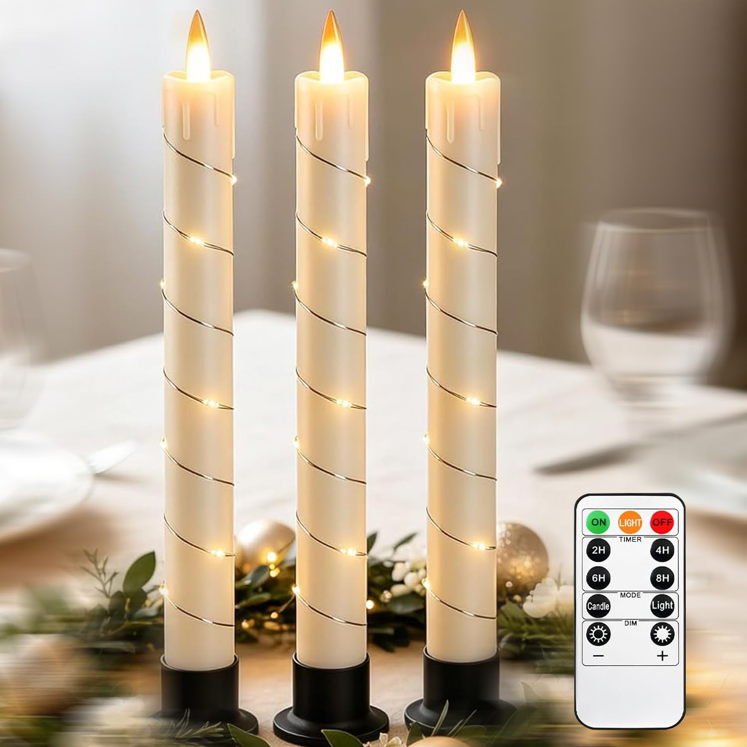 Flameless Cone Candle with Built-in Star String Light, 11-Button Remote Control, Timer, Battery Powered, Simulated Flame, 3-Pack Window Candle