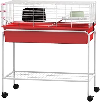 Small Pet Habitat, Steel & Polypropylene, 33.0x18.5x35.25 Inches, 2 Doors, Rolling Stand, Red & White
