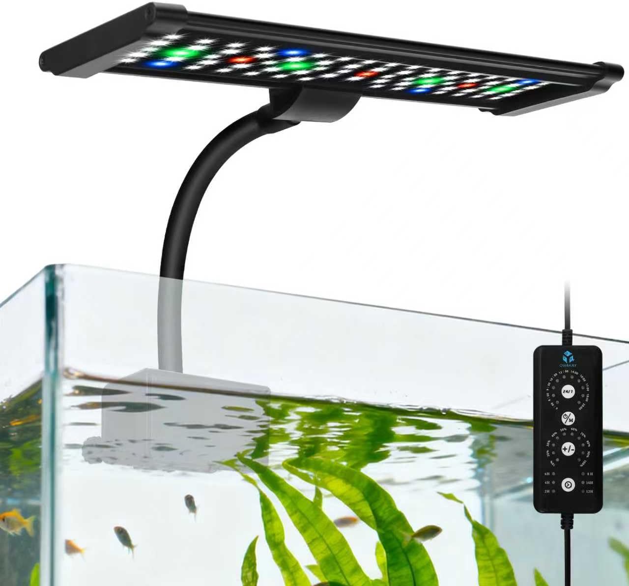 Aquarium Fish Tank LED Light - 18W Clip on Plants Lamp Light for 10 20 30 Gallon Frameless Fish Tank with Timer DIY Mode, 9 Colors Adjustable Brightness, 24/7 Full Spectrum