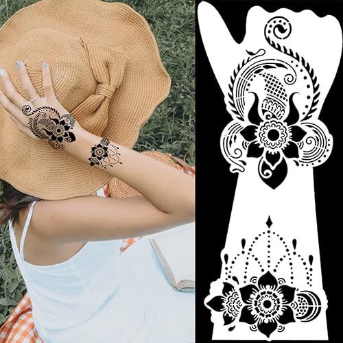 Miniatura 6 de Kit de plantillas grandes de tatuaje de henna de 12 hojas, plantilla de tatuaje autoadhesiva reutilizable para mujeres y niñas, pintura corporal a