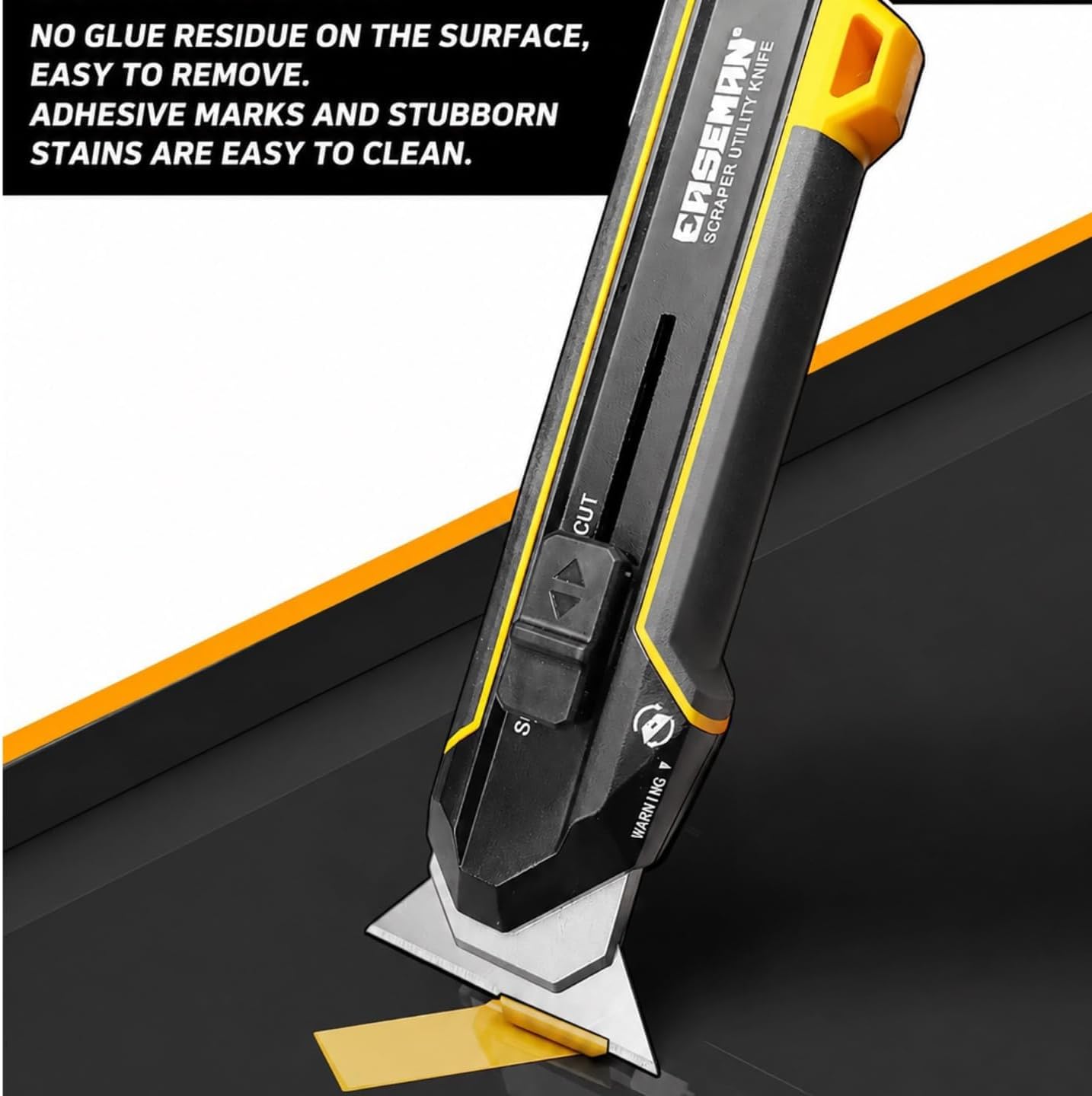 3-in-1 Utility Scraper Tool, 90° Rotating Head, 10 Blades | Retractable cutting and scraping tool with four locking angles, built-in blade storage, and 10 replacement blades.