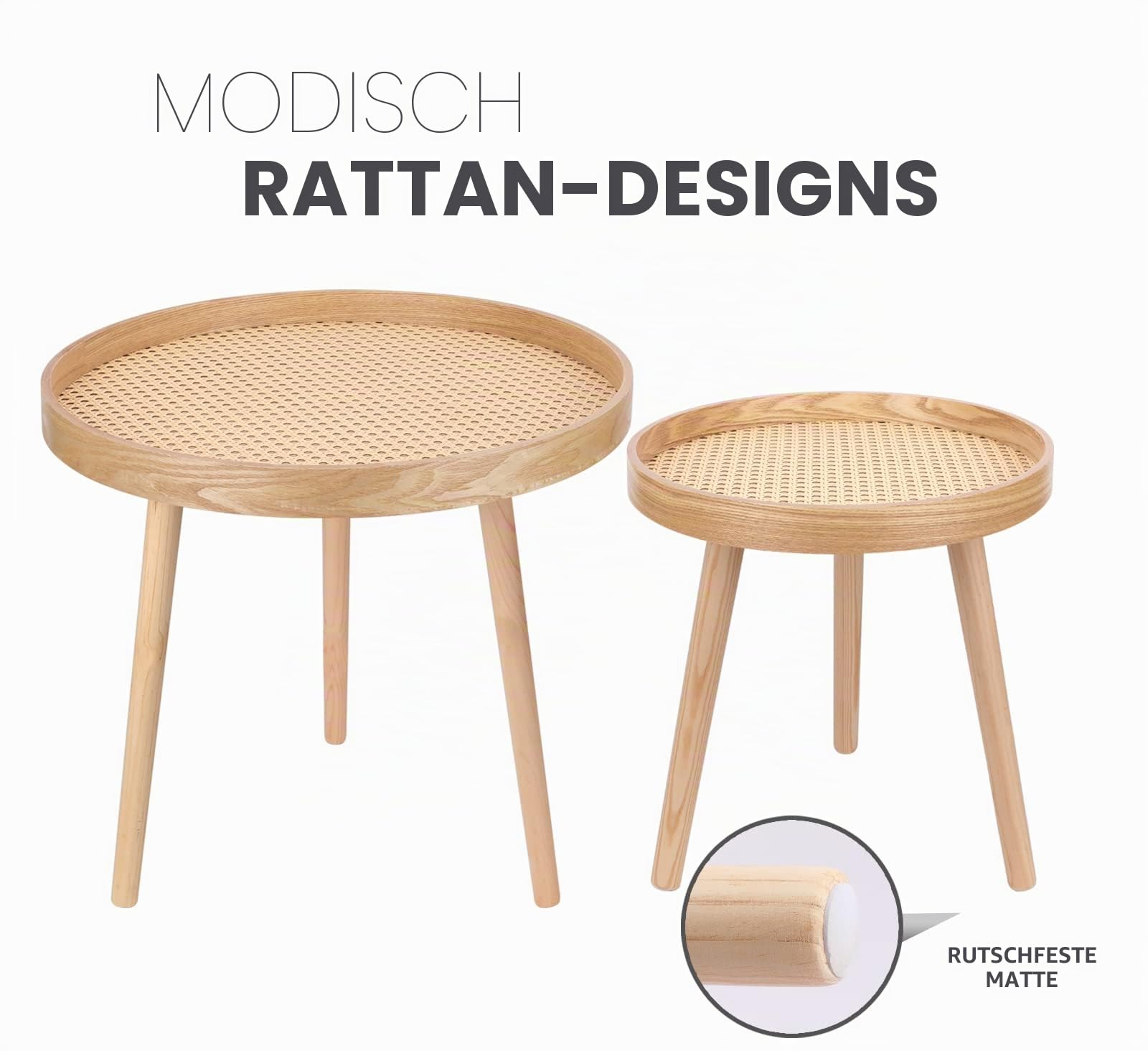 Runder Couchtisch 2er Set, Natürlicher Boho Beistelltisch, Kleiner Mid Century Moderner Rattan Tisch für Wohnzimmer, Schlafzimmer, Büro