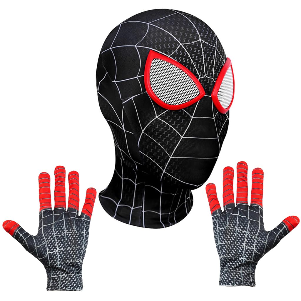 Fancyku® 3D Spider Mask and Gloves Gift, Spider Masks Cosplay Costumes Superhero Lenses for Adult Kids, Role Play Superhero Masks for Halloween Masquerade Cosplay (Black)