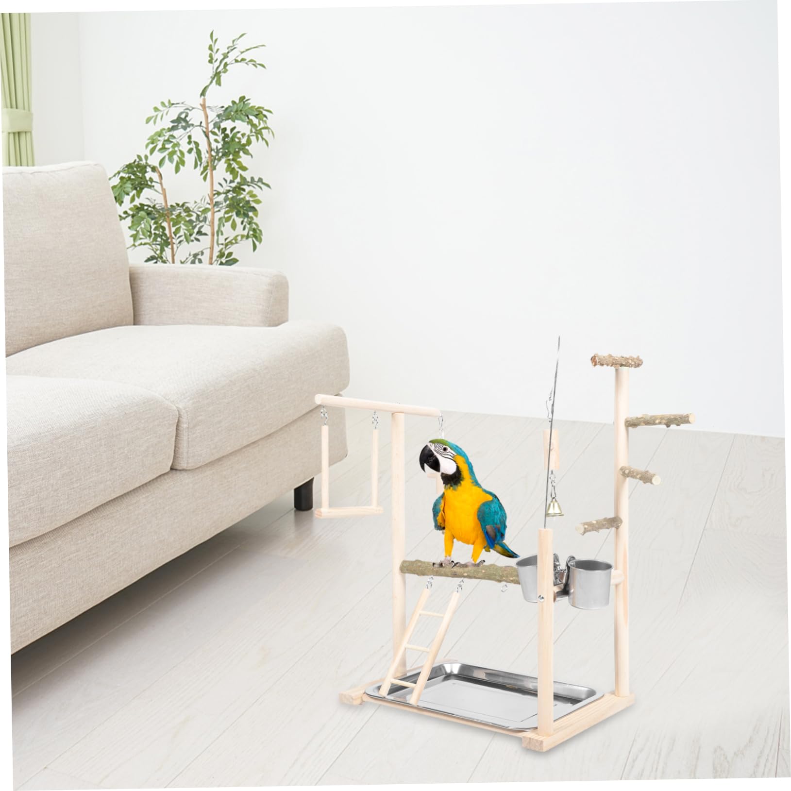 DOITOOL Trespolo per Uccelli in Legno Naturale Parco Giochi per Pappagalli Scala e Altalena per Gabbia Supporto per Trespolo Giocattolo per Uccelli da Ufficio