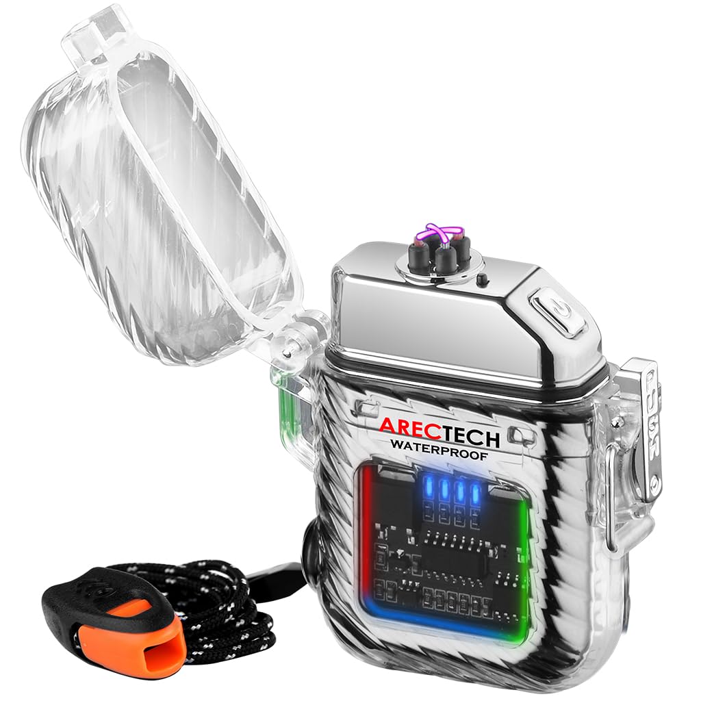 ARECTECHElectric Arc Dual Lighter Rechargeable Lighter 3 Modes of Flashlight Plasma Windproof Lighters Waterproof with Survival Emergency Whistle and Lanyard for Candle Outdoor Camping (Silver)