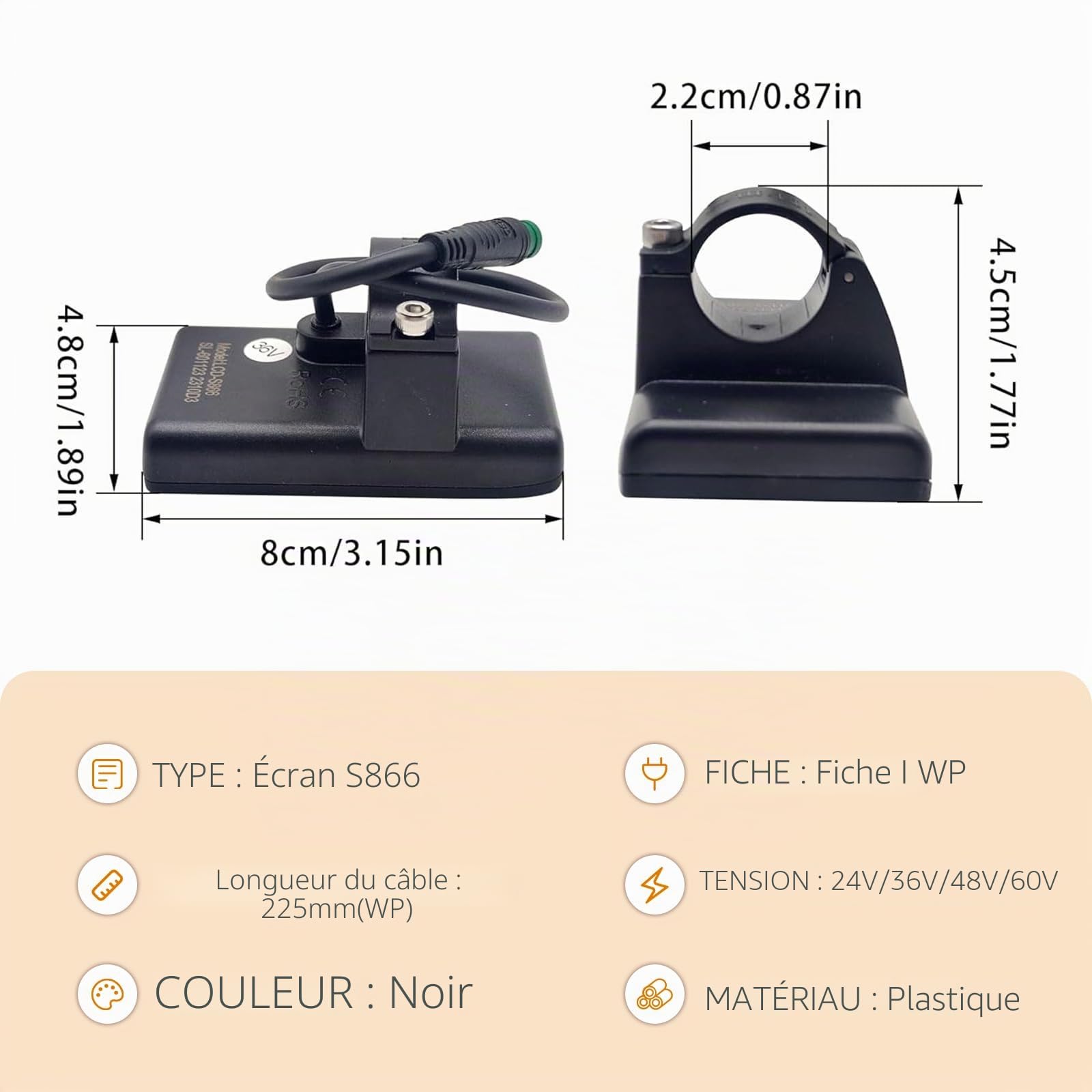 Vélo électrique S866 écran LCD, Compteur d'affichage de vélo électrique 5 Broches et connecteur étanche, d'ordinateur de vélo 24V 36V 48V de Vitesse odomètre Panneau de Commande pour Scooter/VTT