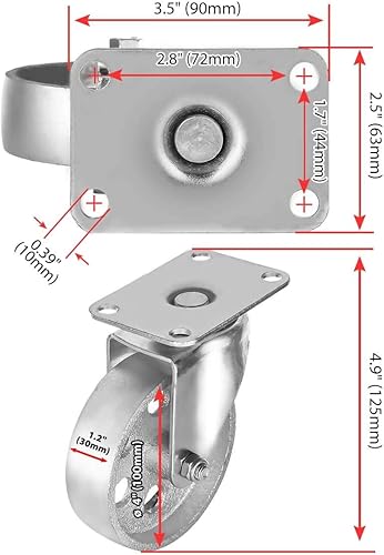 Miniatura 9 de 4 ruedas giratorias con placa giratoria de acero, con traba de freno, resistentes, con una capacidad total de 1500 libras, color gris.