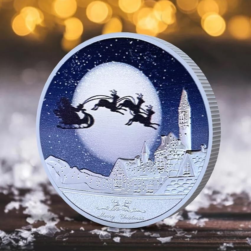 Christmas Commemorative Coin, Colorful Embossed Santa Claus Medal Merry Christmas Santa Claus (Silver Santa and Reindeer Silhouette Coin)