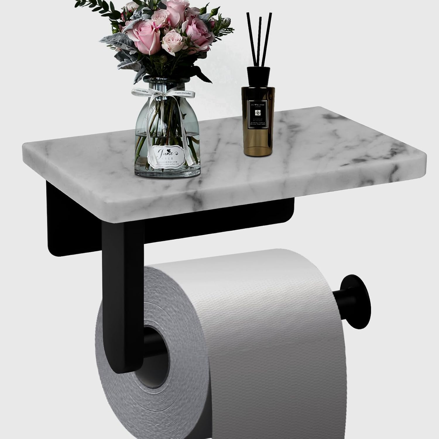Toilet Paper Holder with Natural Marble Shelf for Bathroom Washroom,Wall Mounted Tissue Holder Suitable for Mega Roll (Small 6.7 * 4.3 in Matte Black) Small 6.7*4.3 in Matte Black