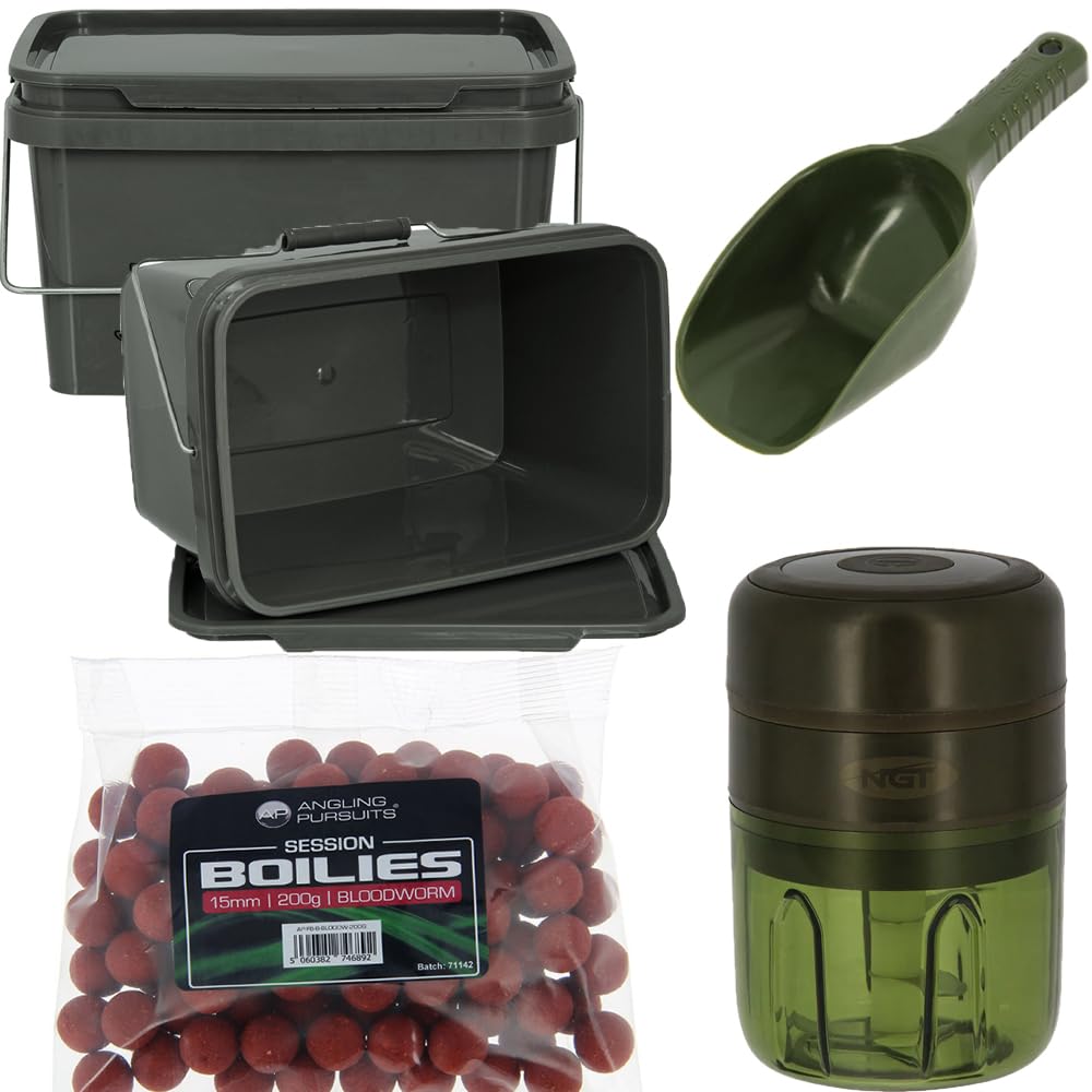 Fishing Bait Grinder Electric USB Rechargeable with 5L Storage Bucket Secure Locking Lid and Handle, 200g Boilie Bag & Bait Spoon Spod Mix Bait Crusher Carp Portable, Easy to Clean