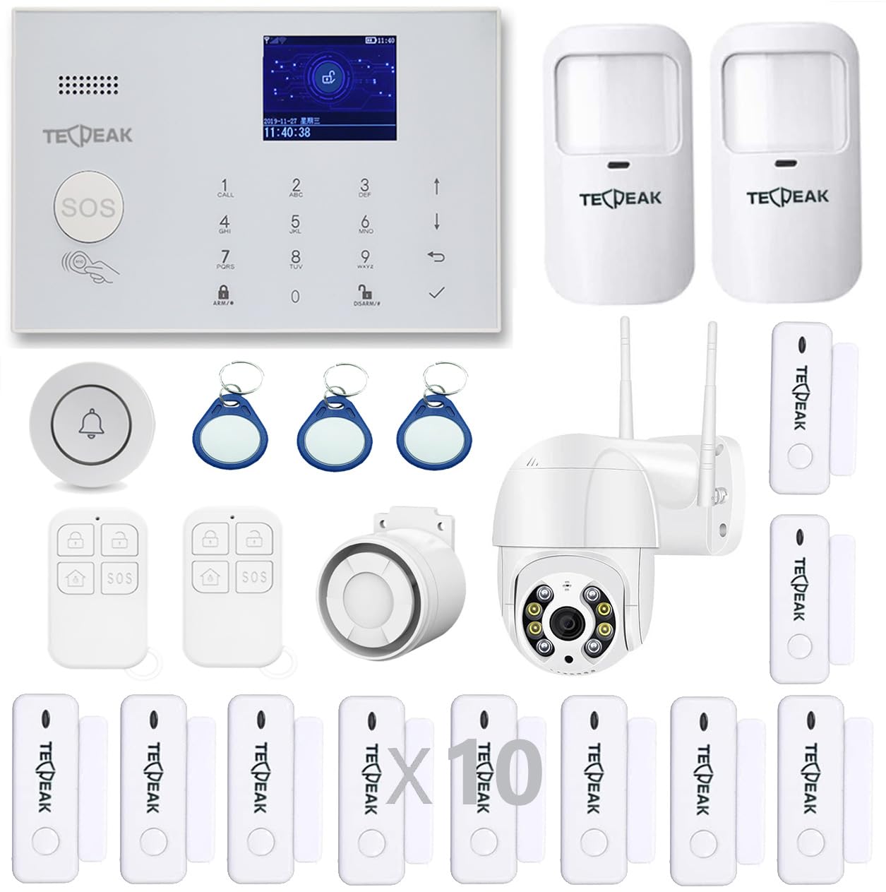 Sistema di allarme GSM/WLAN completo con telecamere di sorveglianza, sistema di allarme TECPEAK casa, sicurezza domestica, con telecamera esterna 1080P