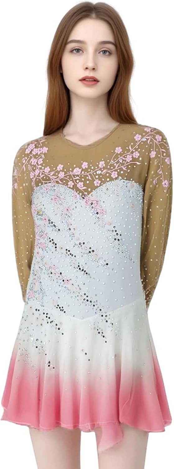 LIUHUO Figure Skating Dress Girls Women Long Sleeves Elegant Quality Crystals Competition Pink