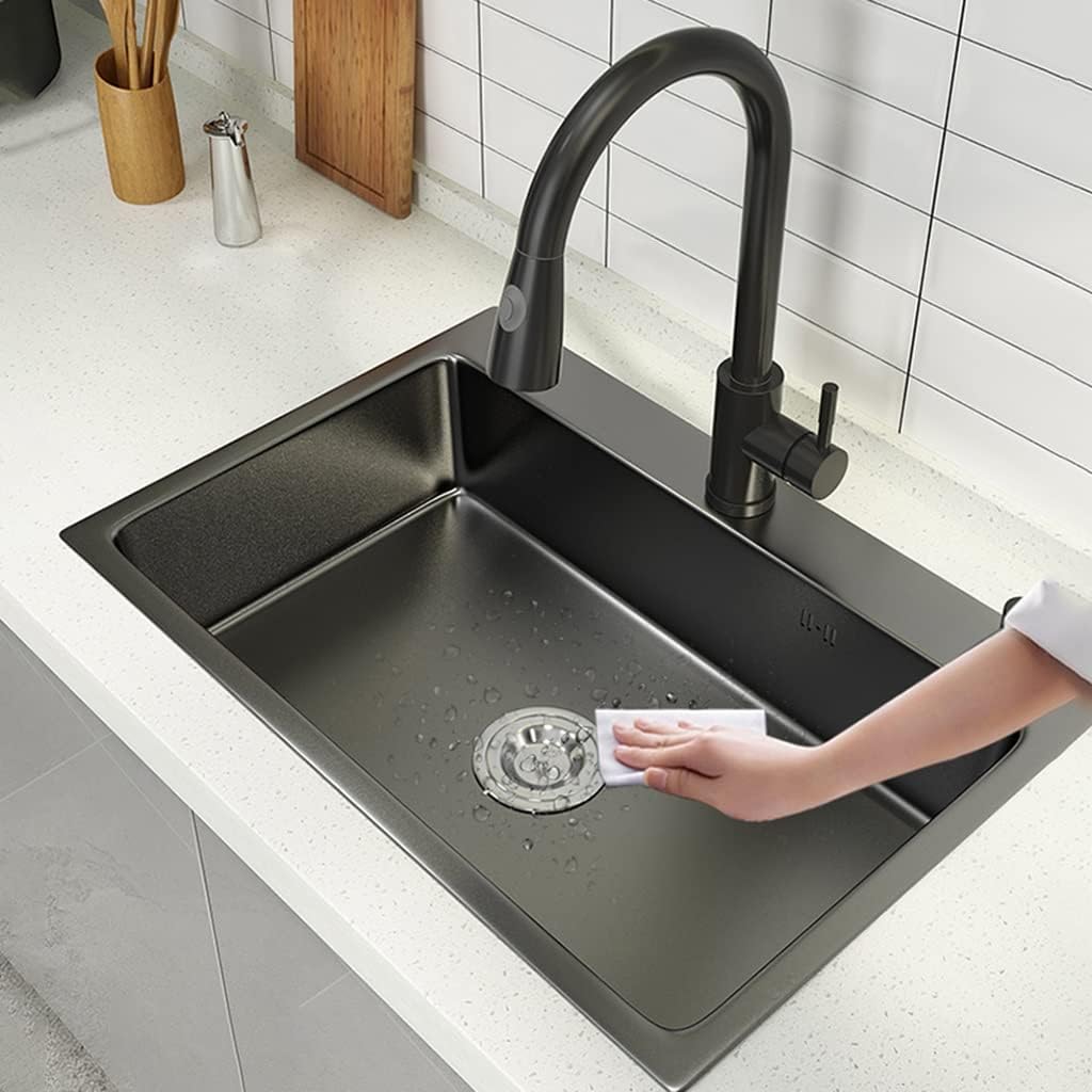 Kitchen Sink Single Bowl Bar Prep Black Nano Stainless Steel Sink Wet Bar & Prep Sink with Pull Out Faucet & Drain Top Mount Or Undermount(Black 72x45x22cm)