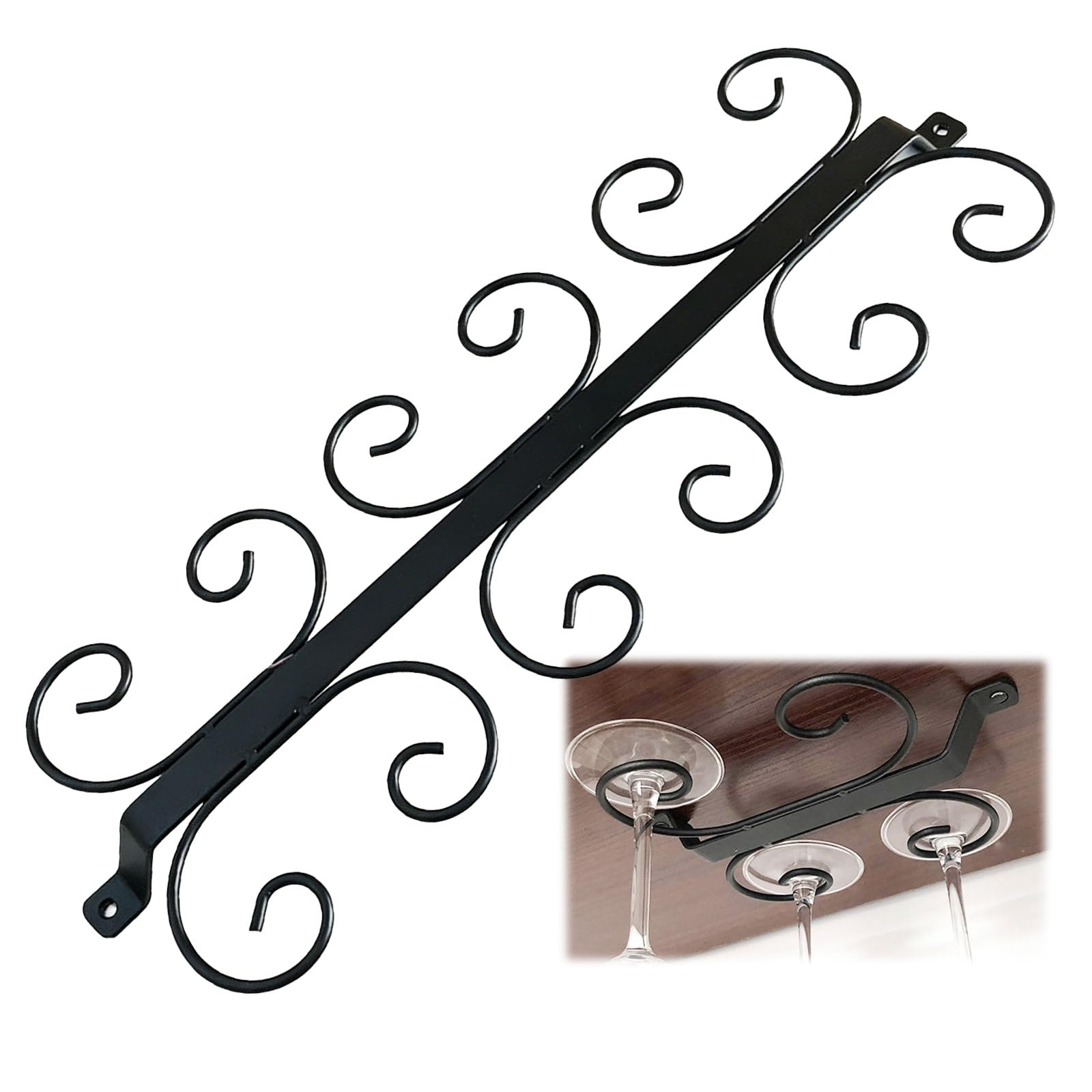 ASYJVWYZ Decorative Scrollwork Wine Glass Hanger Rack, Metal Under Shelf Stemware Holder，Space-Saving Glassware Storage(Black,12 cups)