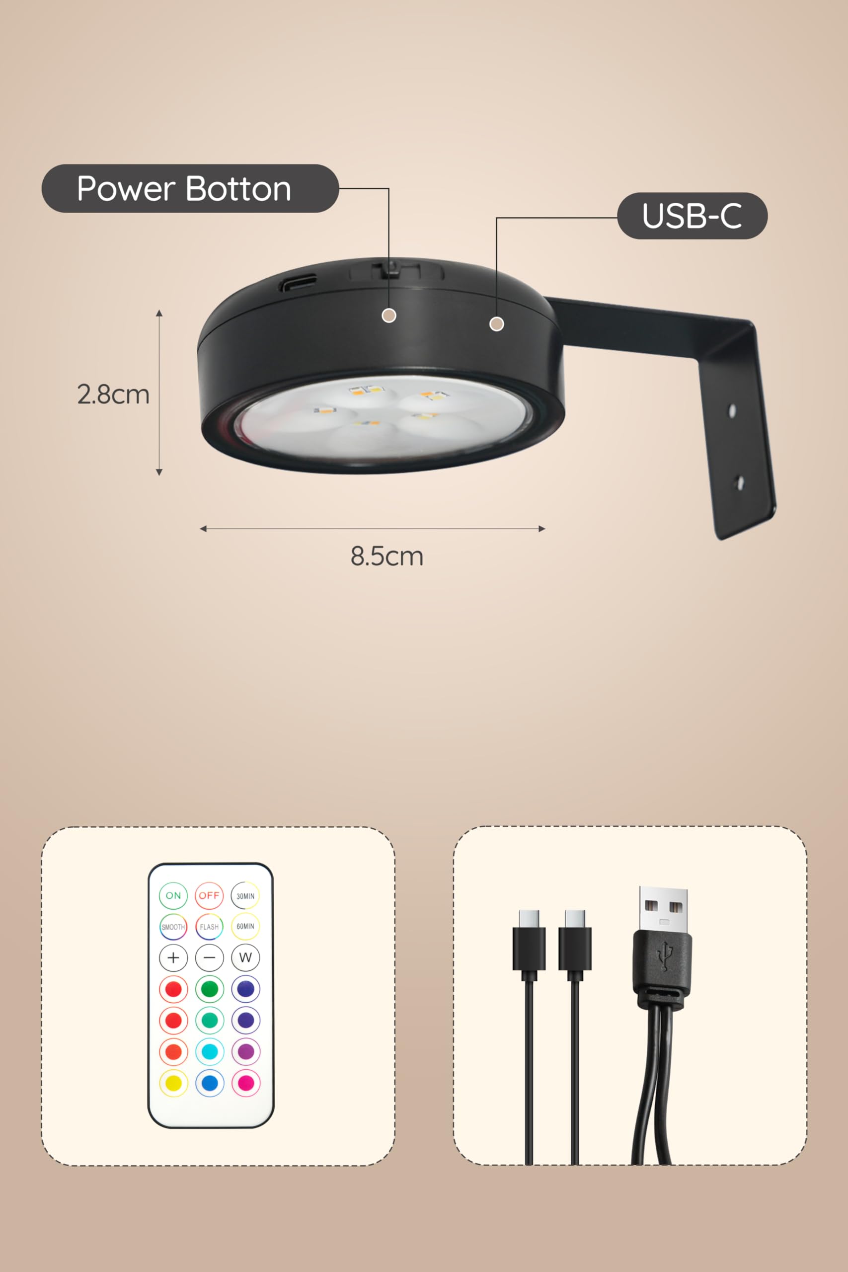 Bilderleuchte Kabellos 4er Set - 18 Stunden Akkulaufzeit, RGB und Warmweiß Licht, Timer-Funktion, Mit Fernbedienung, USB-C Wiederaufladbar, Integrierter Akku, Wohnaccessoires (Schwarz)