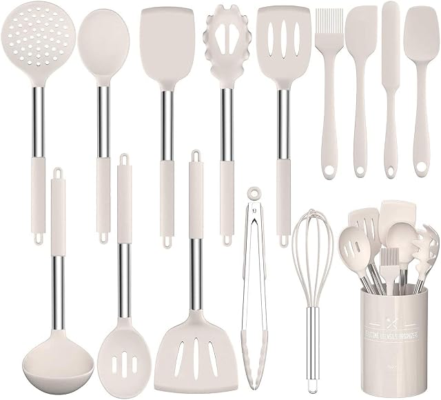 Umite Chef Kitchen Utensil Set, 15pcs Silicone Cooking Kitchen Utensils Set, Cooking Tools Turner Tongs Spatula Spoon for Nonstick Heat Resistant Cookware - (Khaki)